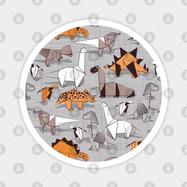 Origami dino friends // pattern // grey linen texture background orange white and beige dinosaurs Magnet by SelmaCardoso